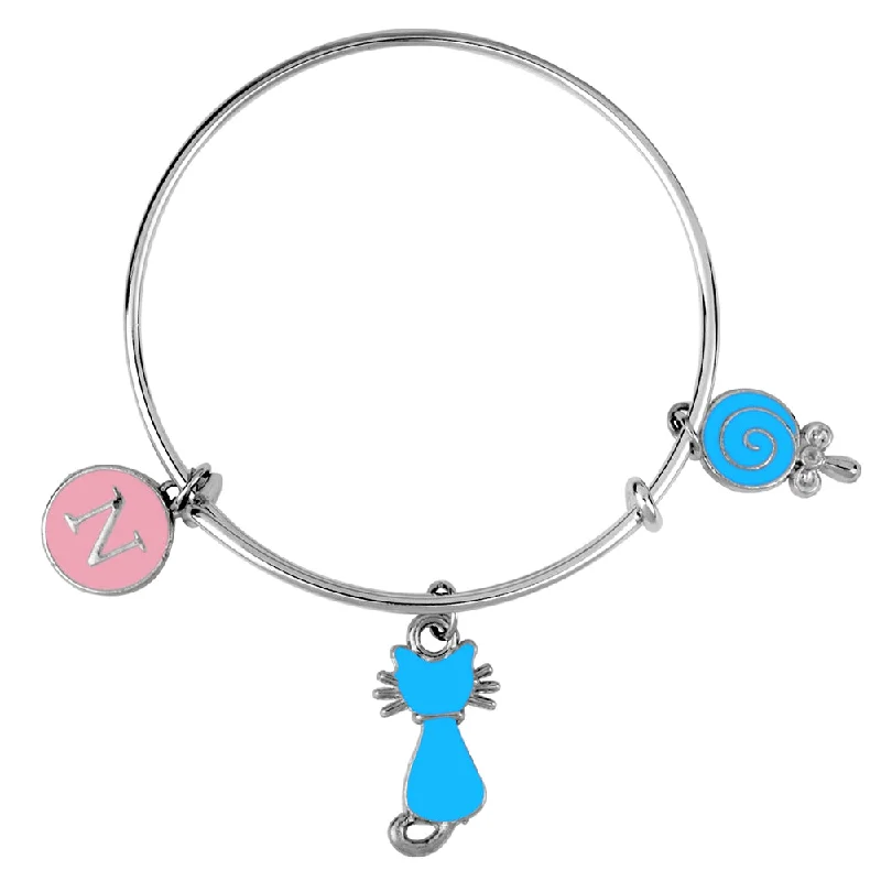 Ladies bracelets sail charm -Mahi N Letter & Cat Shaped Rhodium Plated Enamel Work Charms Kids Bracelets for Kids (BRK1100990R)