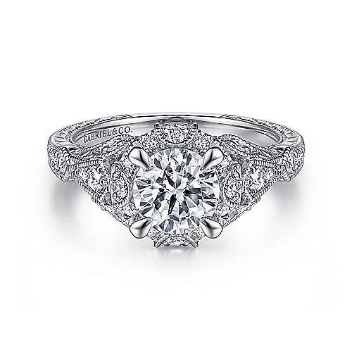 ladies engagement rings rare-Annadale - Unique 14K White Gold Vintage Inspired Diamond Halo Engagement Ring