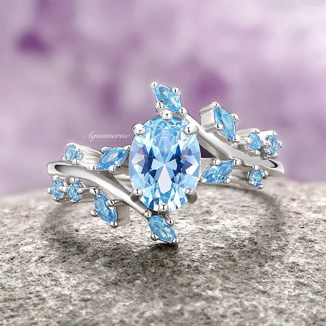 ladies engagement rings sparkling-Aquamarine Leaf Fairy Engagement Ring- 925 Sterling Silver