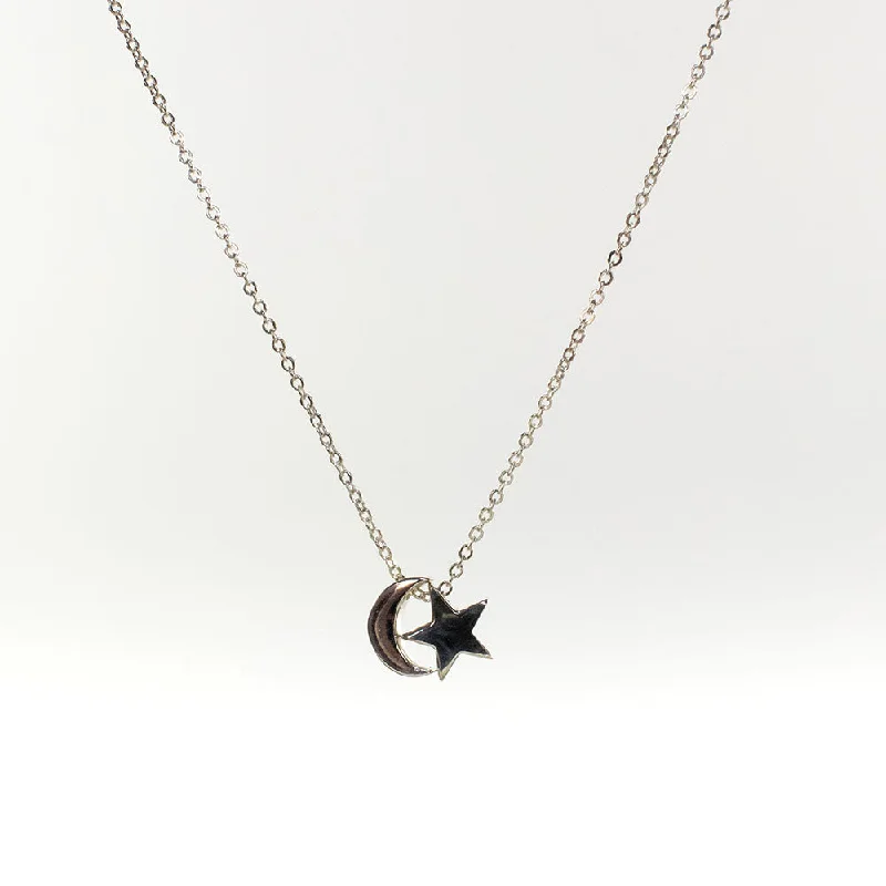 ladies necklaces bold design-Silver Moon & Star Necklace