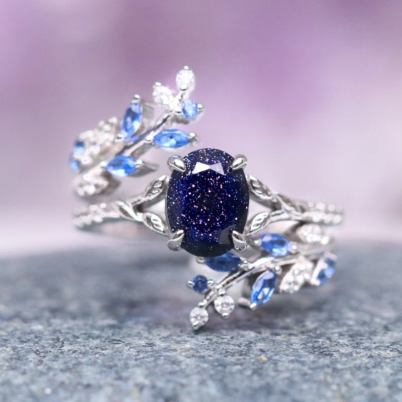 ladies engagement rings custom design-Starry Night & Sapphire Leaf Engagement Ring Set- Sterling Silver