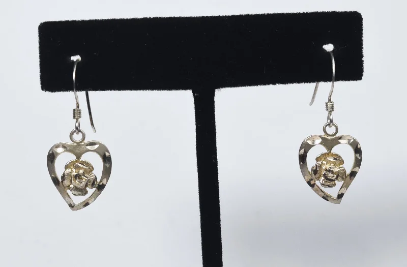 ladies earrings vintage-Sterling Silver Heart Rose Dangle Earrings