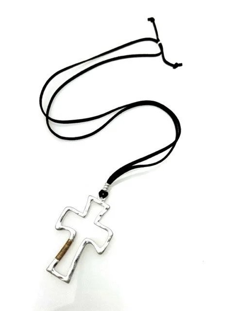 ladies necklaces gift-Dark Brown Leather Suede Inspirational Necklace with SILVER CROSS PENDANT