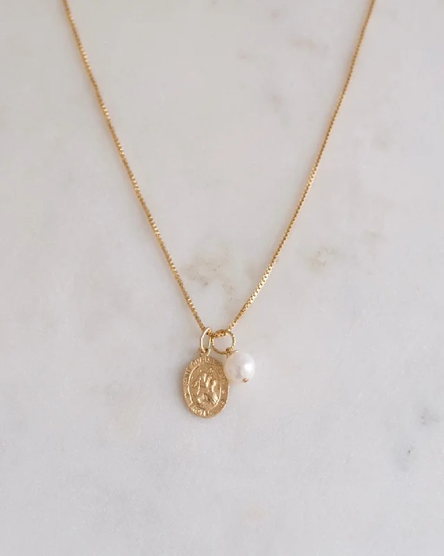 ladies necklaces sleek-St Christopher with Pearl Necklace