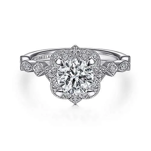 ladies engagement rings hypoallergenic-Orsa - Vintage Inspired 14K White Gold Fancy Halo Round Diamond Engagement Ring