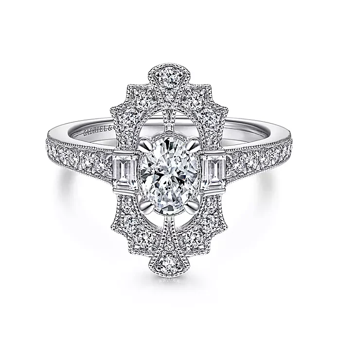 ladies engagement rings contemporary-Duchess - Art Deco 14K White Gold Oval Halo Diamond Engagement Ring