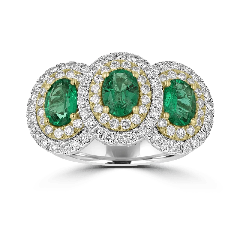 Ladies rings roman shine -JULEVE 18KT 2.11 CTW EMERALD AND 2.04 CTW DIAMOND 3 STONE HALO RING