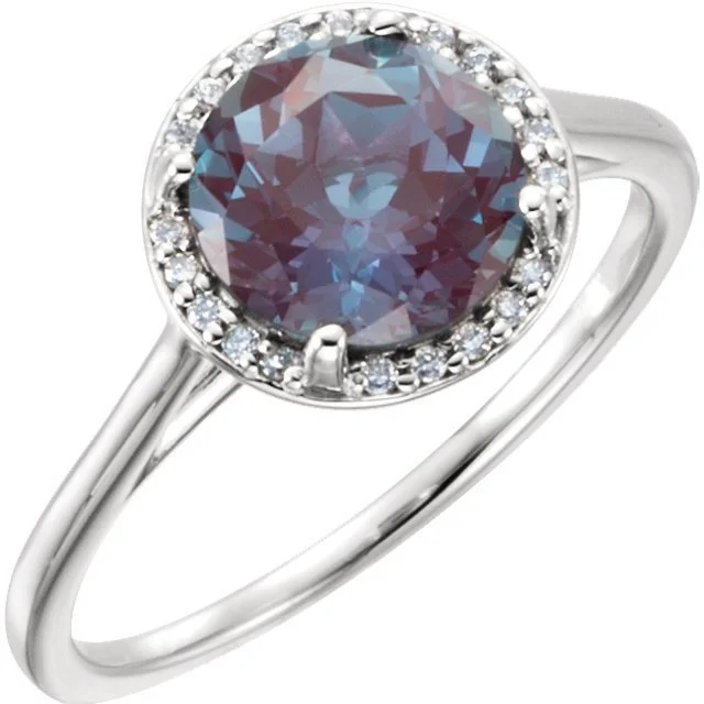 Ladies rings initial shine -14KT GOLD 2.50 CT LAB GROWN ALEXANDRITE & .05 CTW DIAMOND ROUND HALO RING