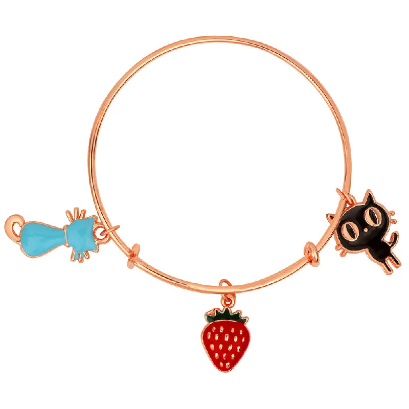 Ladies bracelets tension charm -Mahi Strawberry & Cat Shaped Rose Gold Plated Enamel Work Charms Bracelet for Girls (BRK1100865Z)