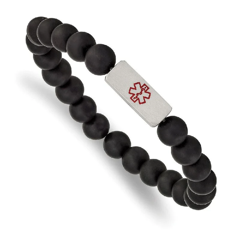 Ladies bracelets duo set -Stainless Steel Brushed Medical ID Plate Black Agate Bead Stretch Bracelet