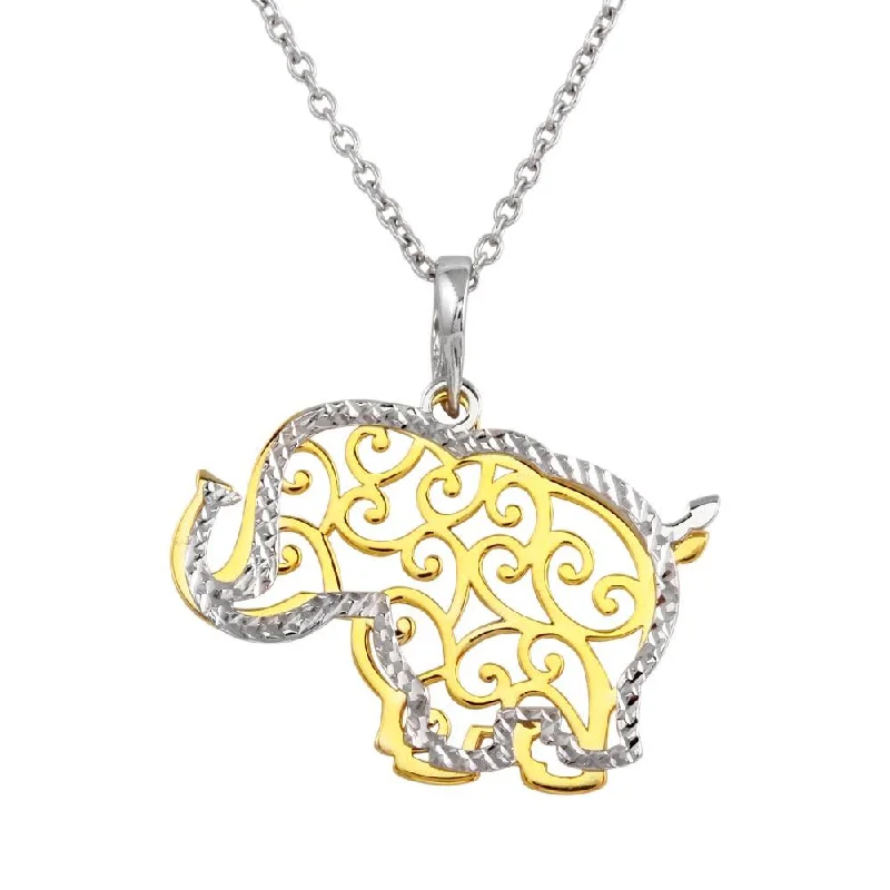 ladies necklaces organizer-Two-Tone 925 Sterling Silver Rhodium and Gold Plated Elephant Necklace - SOP00015