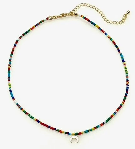 ladies necklaces gemstone-Beaded Necklace with Crescent Moon Pendant - Multi colors