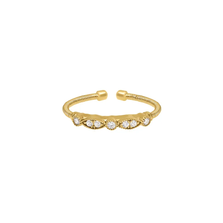 Ladies rings glam charm -Gold Finish Sterling Silver Cable Cuff Ring with Simulated Diamond Marquis & Round Design