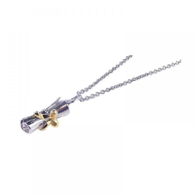 ladies necklaces edwardian-Silver 925 Rhodium and Gold Plated Ribbon Pendant Rolled Up Diploma Necklace - STP00508