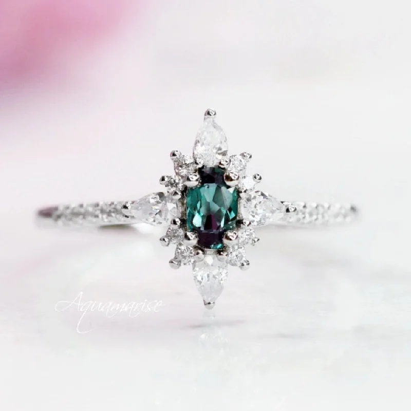 ladies engagement rings cleaning-Starburst Alexandrite Engagement Ring- 14K Solid White Gold