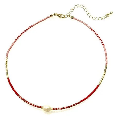 ladies necklaces bohemian-Beaded Necklace with Freshwater Pearl Pendant - Coral