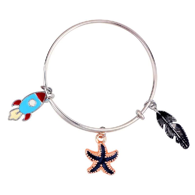 Ladies bracelets bargain glow -Mahi Rhodium Plated Star Fish Rocket & Feather Shaped Colorful Enamel Work Charms Kids Bracelets for Girls (BRK1100916M)