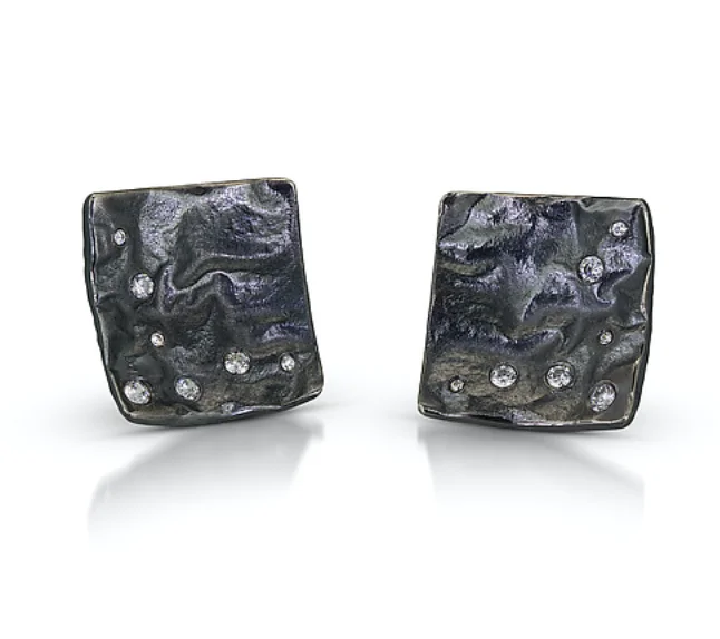 ladies earrings luxury-Oxidized Reticulated Sterling Square Earrings