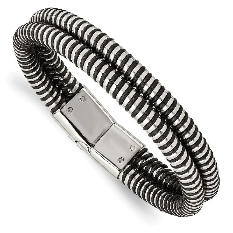 Ladies bracelets stretch fit -Stainless Steel Black Leather & Polished 8.5in Bracelet