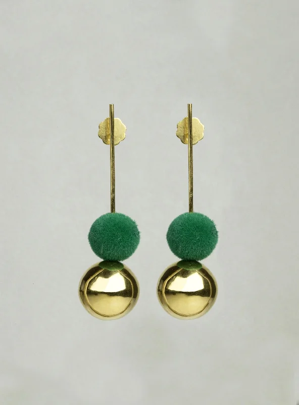 ladies earrings square-Drop Earrings with Gold Orb and Green Pompom