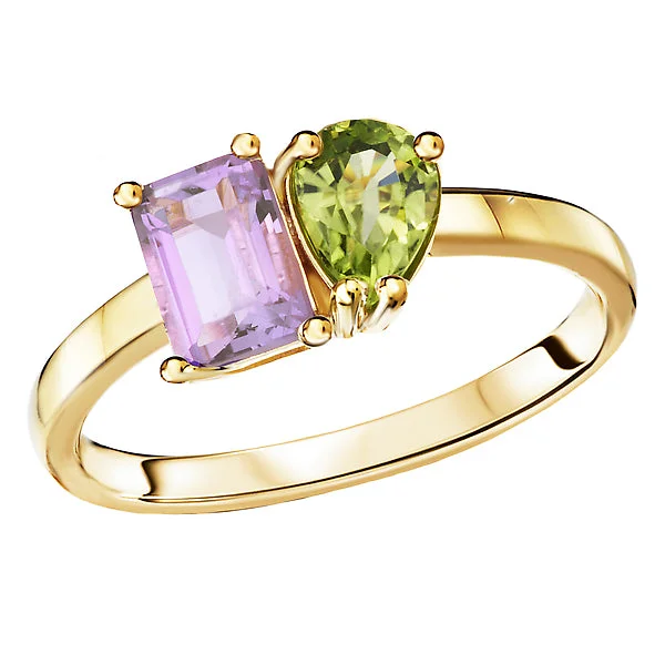 Ladies rings boho charm -2-Stone Peridot and Pink Amethyst Ring