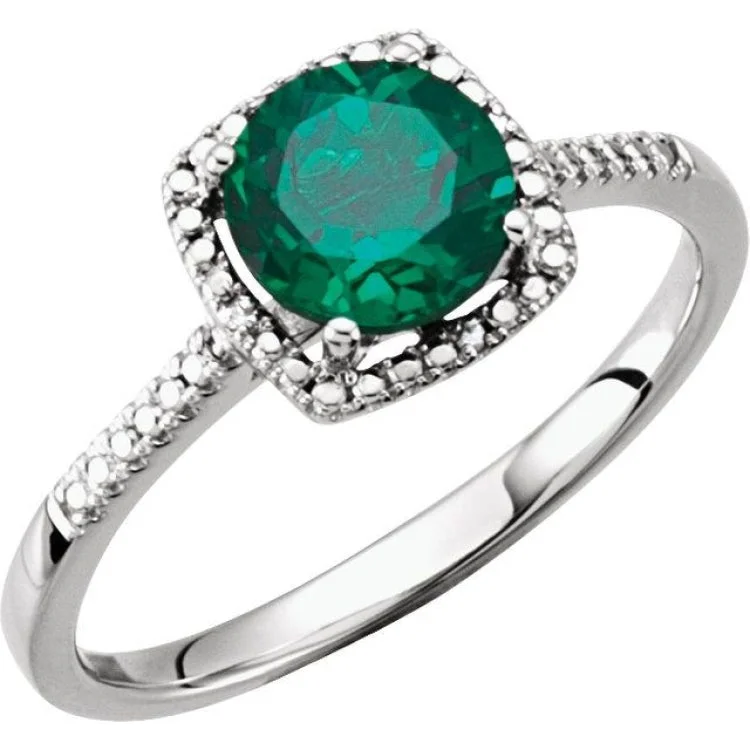 Ladies rings fade proof -Sterling Silver Lab-Grown Emerald & .01 CTW Natural Diamond Ring