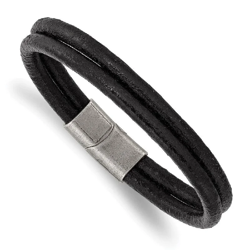 Ladies bracelets trend radiance -Stainless Steel Antiqued Black Leather 2-Strand 8.25in Bracelet