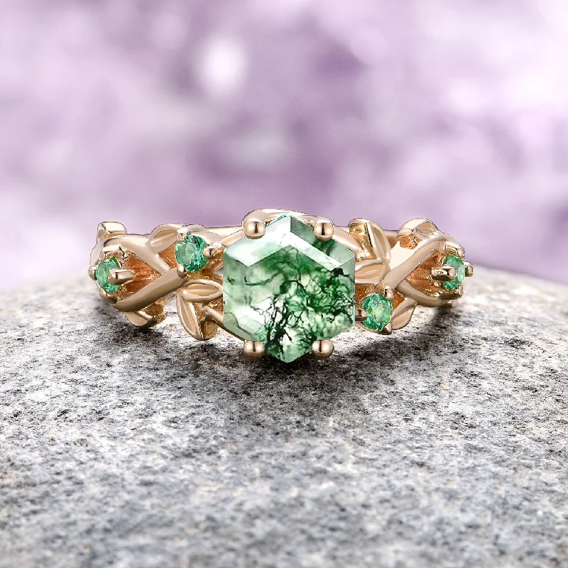 ladies engagement rings unity-Woodland Green Moss Agate & Emerald Leaf Engagement Ring- 14K/ 18K Solid Yellow Gold