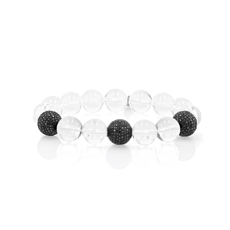 Ladies bracelets crisp radiance -Crystal Quartz Bracelet with 3 Pave Black Diamond Balls - 12mm  B0003661