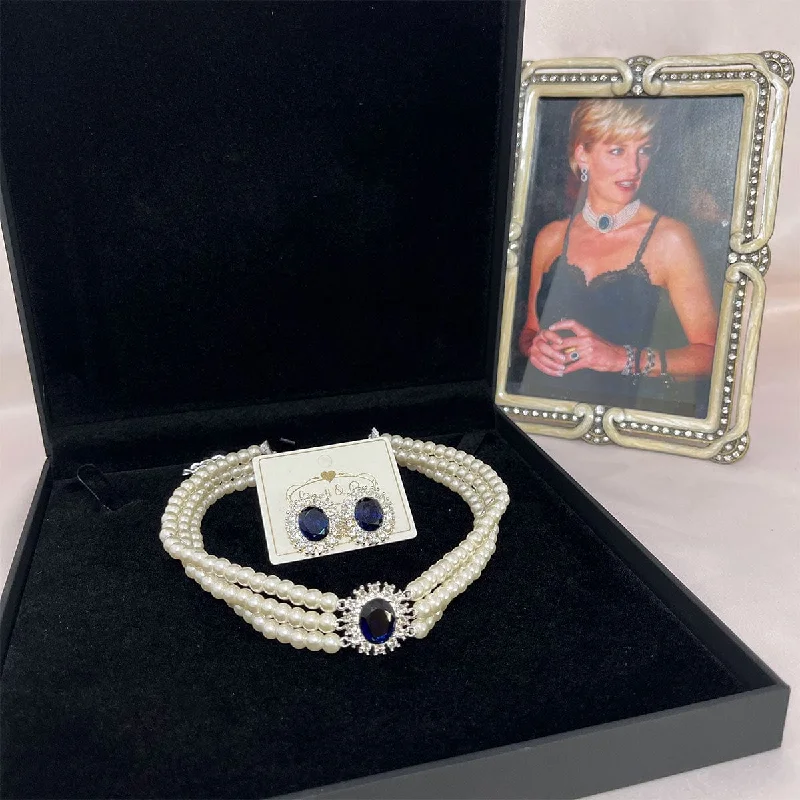 ladies earrings self gift-Princess Diana Jewellery: Lady Diana Inspired Pearl Choker With Matching Clip on Crystal Earrings. £12 Gift Box is FREE