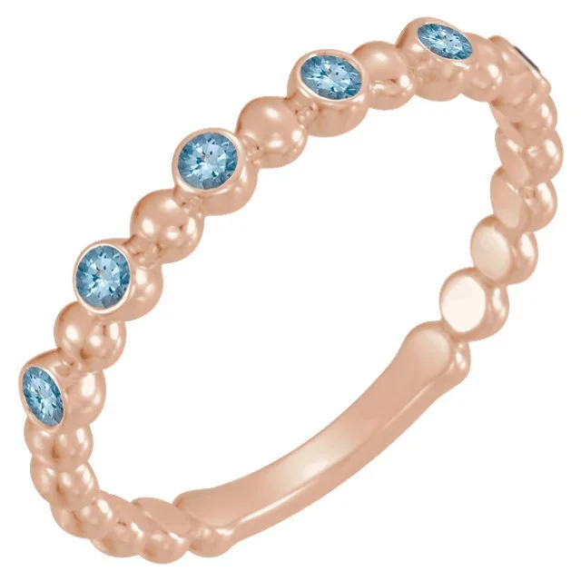 Ladies rings asscher glow -14KT GOLD 0.12 CTW AQUAMARINE 3 STONE BEADED STACKABLE RING