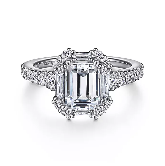 ladies engagement rings flush-Lago - Art Deco 14K White Gold Halo Emerald Cut Diamond Engagement Ring