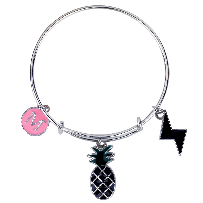 Ladies bracelets turquoise charm -Mahi M Letter & Pineapple Shaped Rhodium Plated Enamel Work Charms Kids Bracelets for Kids (BRK1100929R)