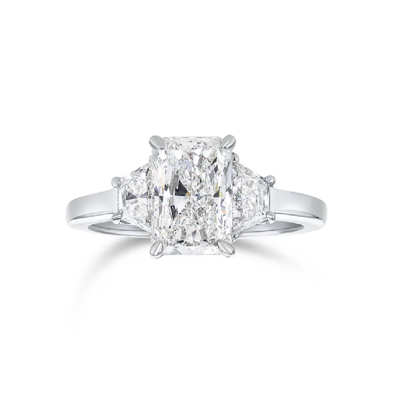 ladies engagement rings round-2.01 CT Radiant Diamond and 0.58 CT Trapezoid Three Stone Platinum Engagement Ring