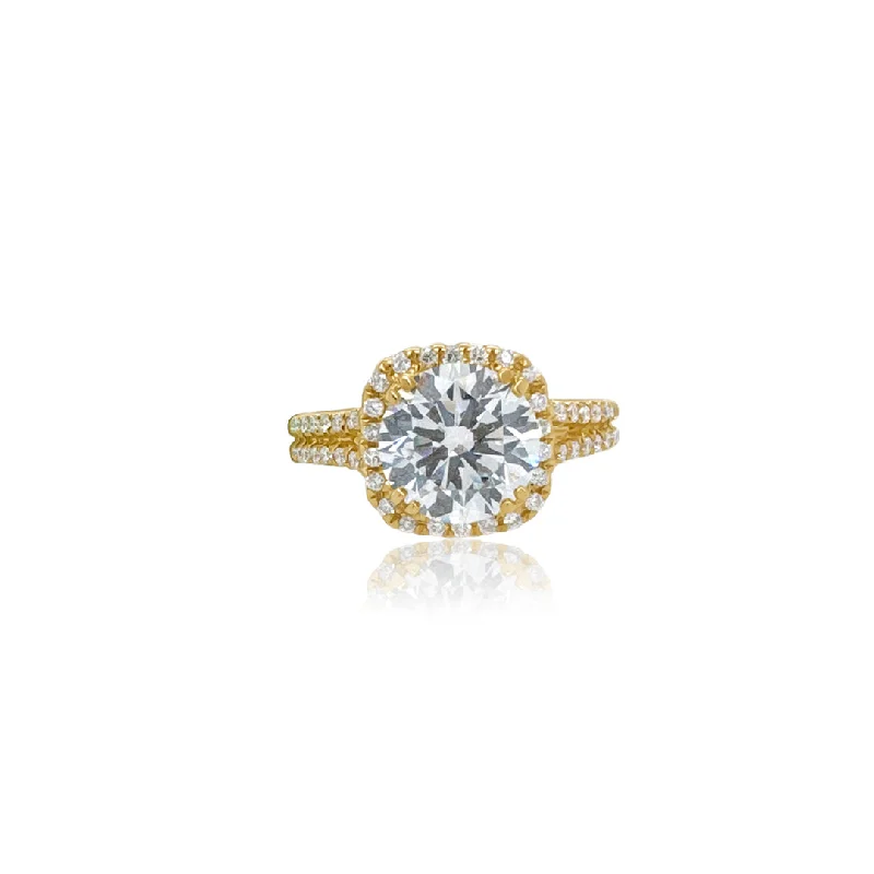 ladies engagement rings modern twist-2.01 CT Round Cut Lab Grown Diamond with 0.30 Cttw Halo Split Shank Engagement Ring 18K Yellow Gold