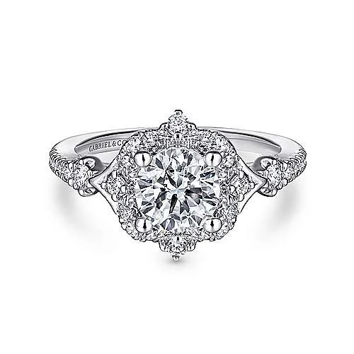 ladies engagement rings heirloom-Veronique - Unique 14K White Gold Vintage Inspired Halo Diamond Engagement Ring