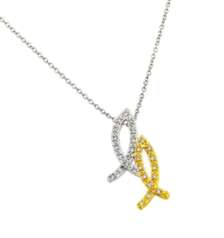 ladies necklaces 1970s-Silver 925 Rhodium Plated and Gold Plated 2 Tone 2 Christian Fish Pendant Necklace - BGP00864