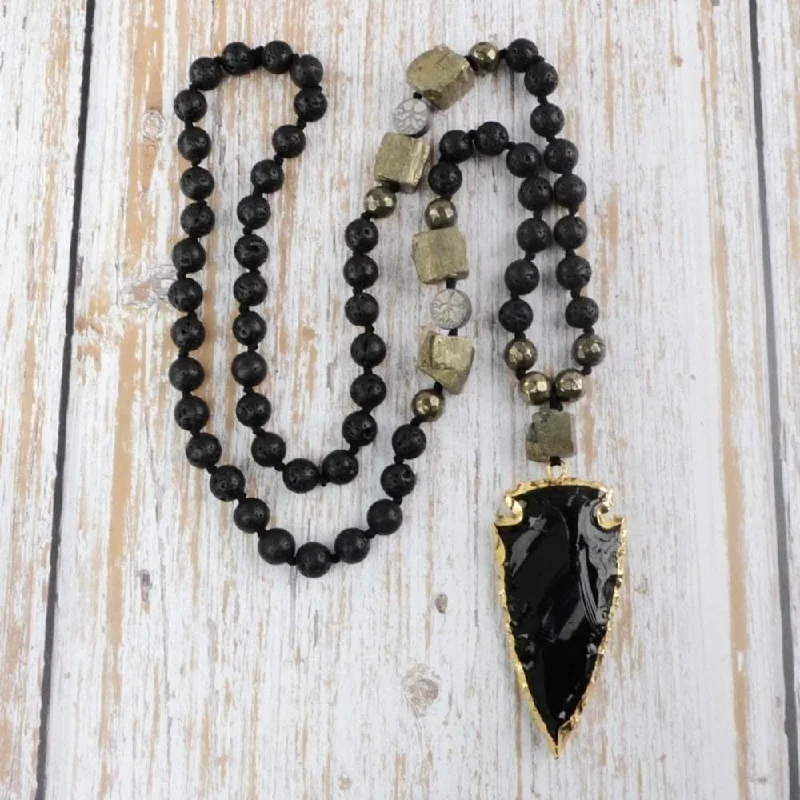 ladies necklaces simple-Black Obsidian Arrowhead Crystal Necklace