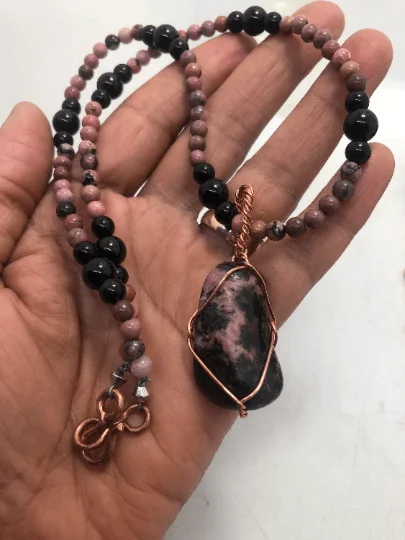 ladies necklaces maintenance-20 inch Rhodonite and Black Tourmaline Beaded necklace