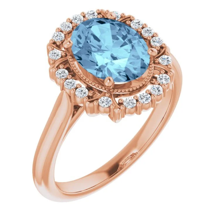 Ladies rings cluster glow -14K Rose Natural Aquamarine & 1/6 CTW Natural Diamond Ring