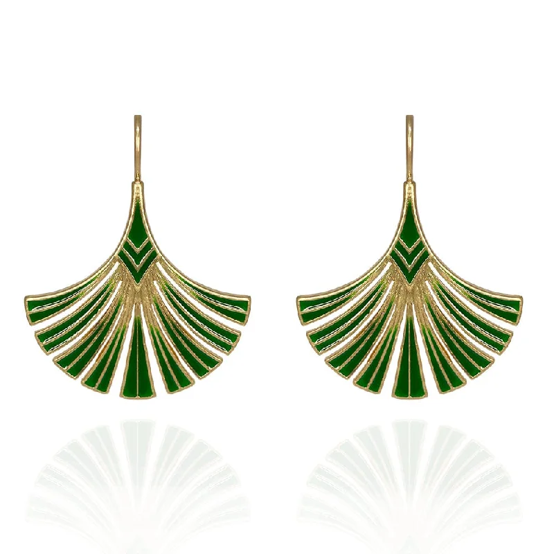 ladies earrings anniversary-Green Art Deco Palm Leaf Earrings: Green Drop Earrings