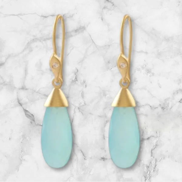 ladies earrings silver-Narrow Aqua Chalcedony Drop Earrings