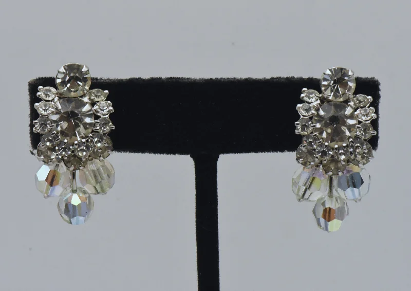 ladies earrings spring-Vintage Silver Tone Rhinestone and Beads Clip-On Earrings