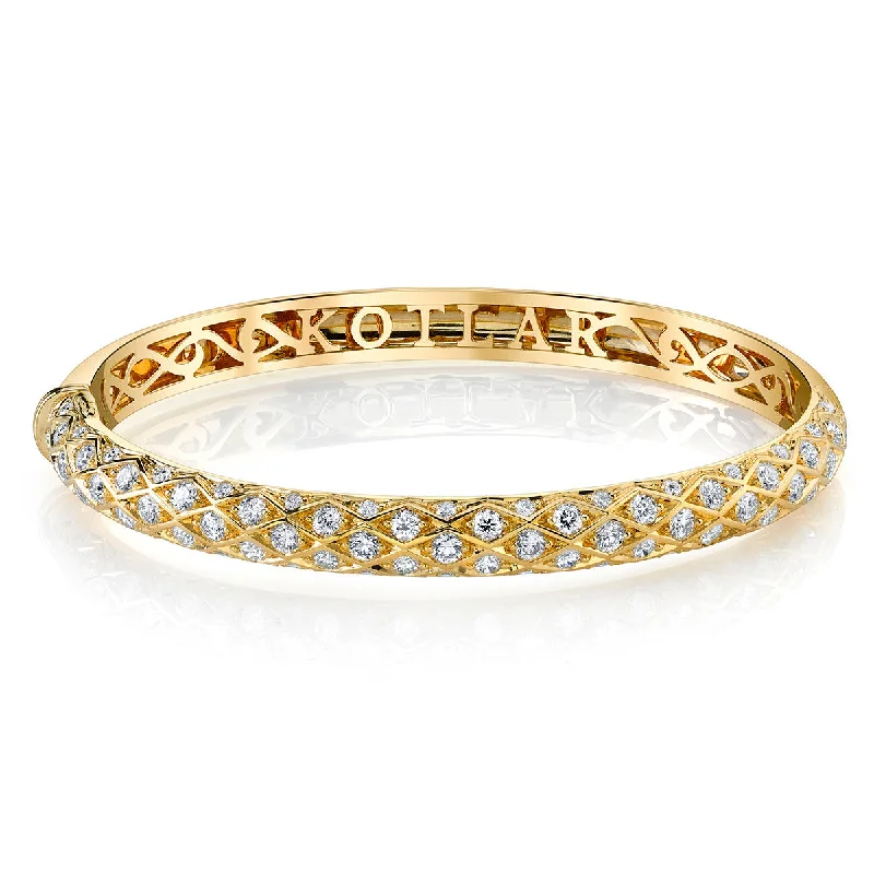 Ladies bracelets vibrant appeal -Artisan Pave Diamond Criss Cross 5-Row Bangle Bracelet in 18K Yellow Gold