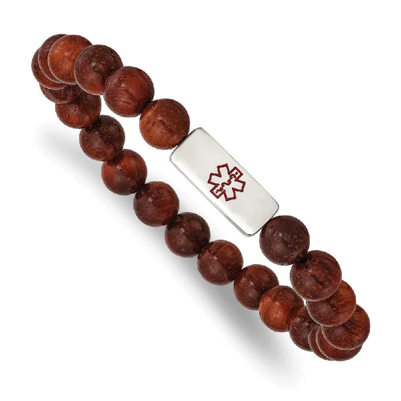 Ladies bracelets oval gem glow -Stainless Steel Polished with Enamel Medical ID Padauk Wood Bracelet