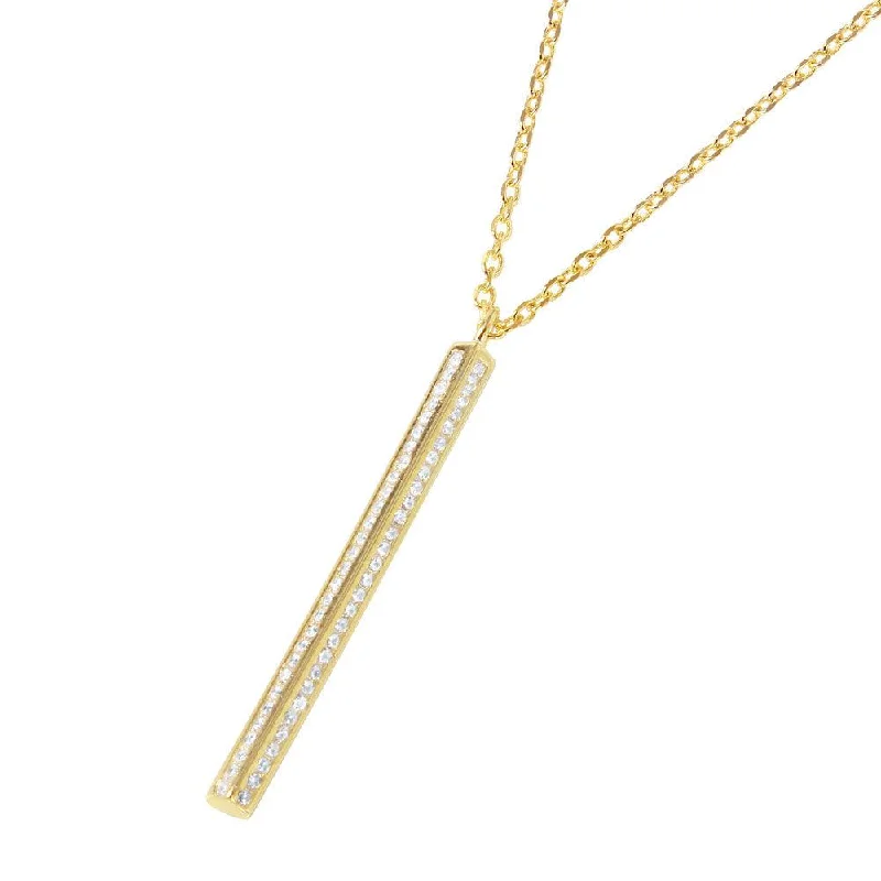 ladies necklaces flashy-Silver 925 Gold Plated Vertical Bar CZ Pendant Necklace - STP01487GP