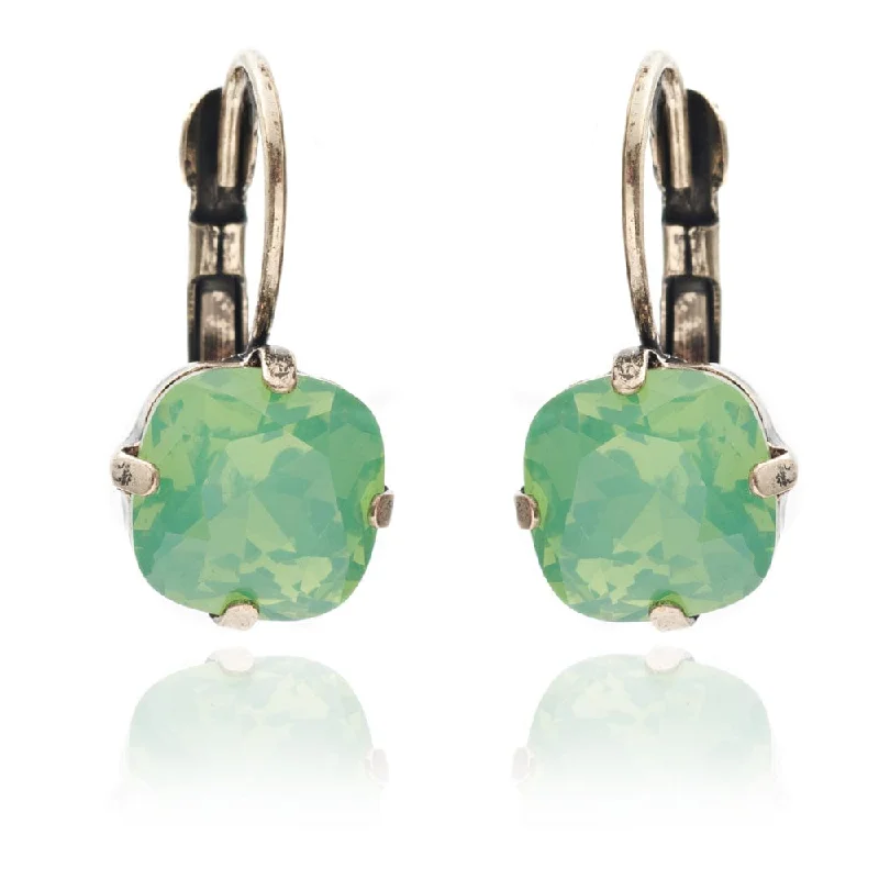 ladies earrings lab grown-Cushion Cut Crystal Earrings: Vintage Style Green Opal Drop Earrings