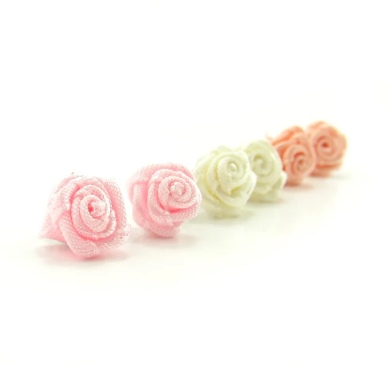 ladies earrings silver-Ribbon Rose Post Earrings Pastel Girls Wedding Earrings Bridal Favors