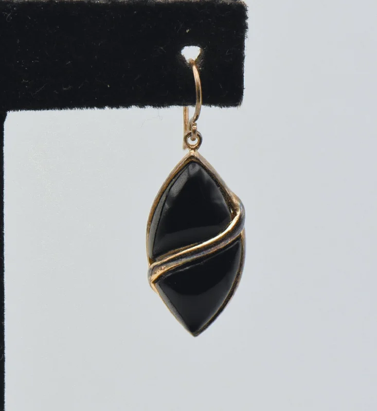 ladies earrings matte-UNMATCHED Vintage Black Onyx Gold Tone Sterling Silver Dangle Earring