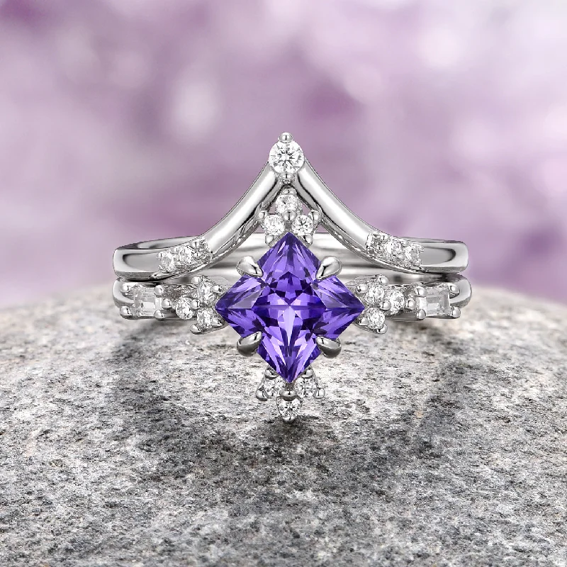 ladies engagement rings milestone-Natural Amethyst Engagement Ring Set- 14K White Gold